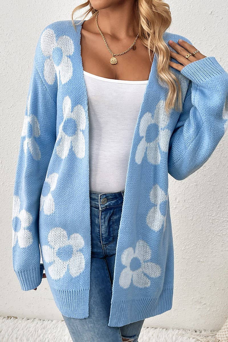 CWOCAL0755_MID-LENGTH CONTRASTING FLORAL KNITTED CARDIGAN