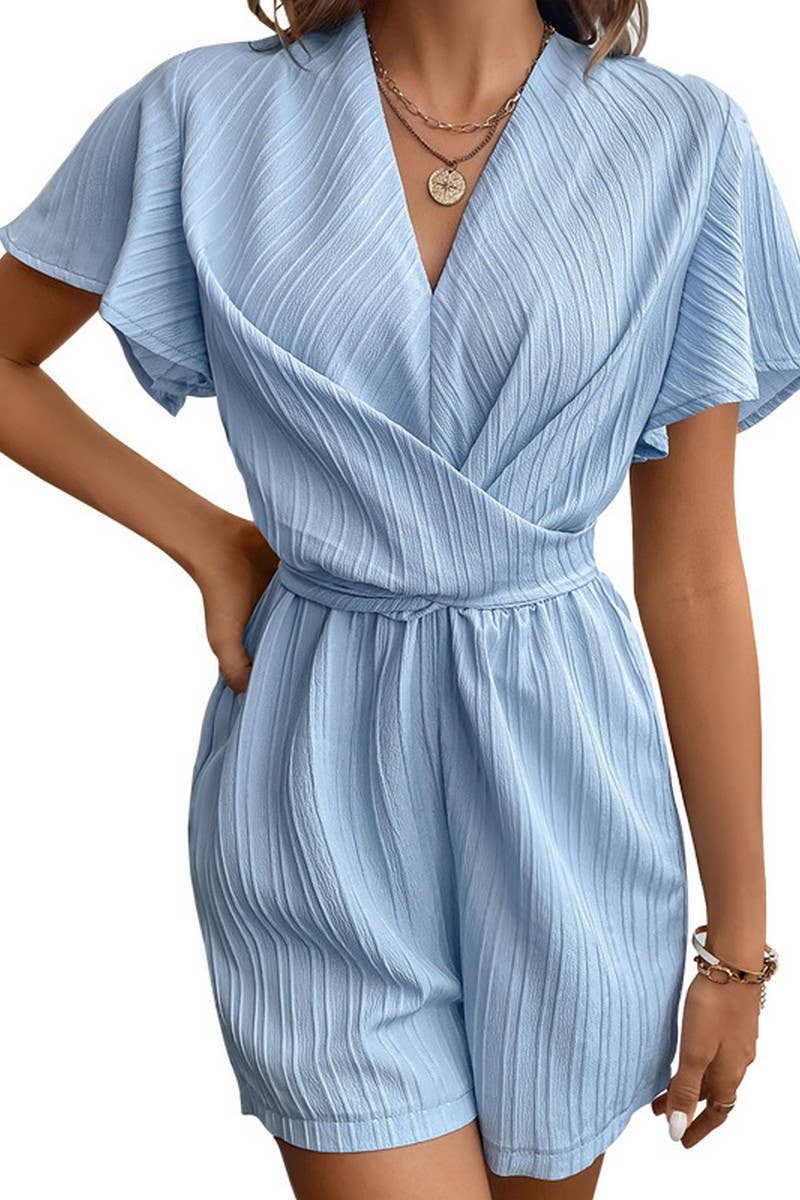 CWSJS0871_RUFFLE SLEEVE TEXTURED LACE-UP JUMPSUIT