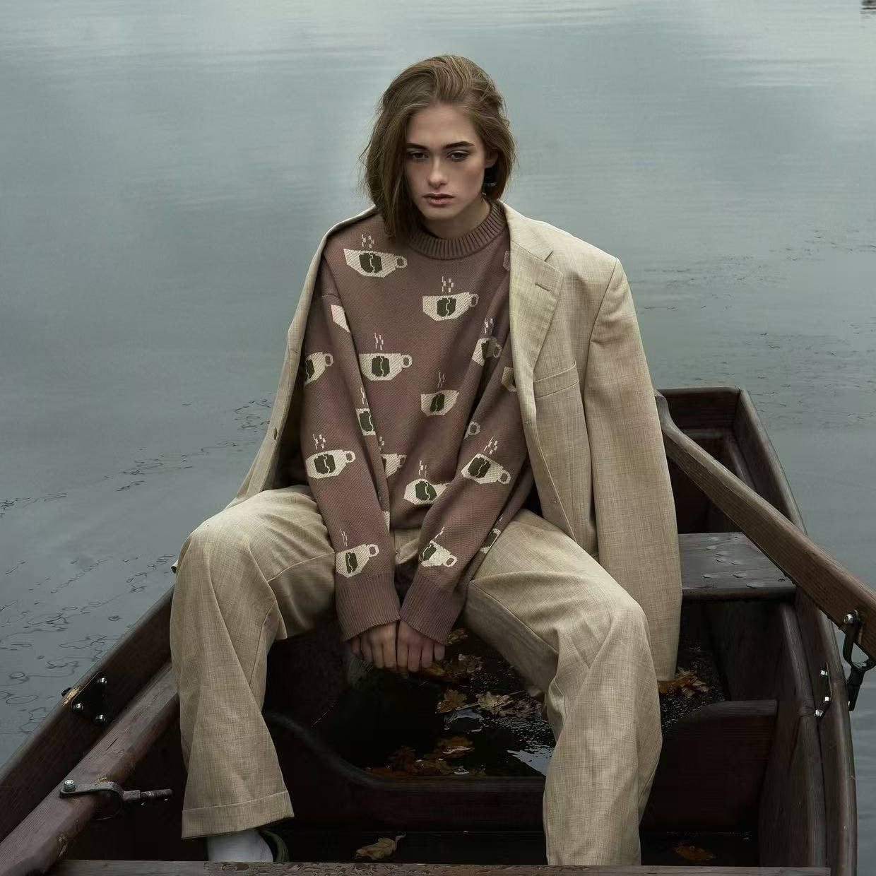 Coffee jacquard semi-turtleneck sweater