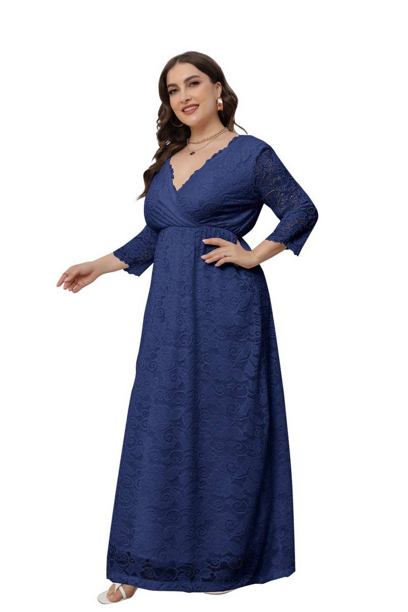 CWDMD3208_PLUS SIZE V NECK LACE LONG GOWN DRESS