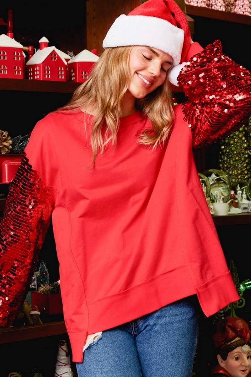 CWTBLL01265_CHRISTMAS SEQUIN SLEEVE PATCH SWEATSHIRT