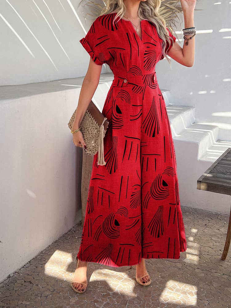 Casual short sleeved wide leg one-piece trousers