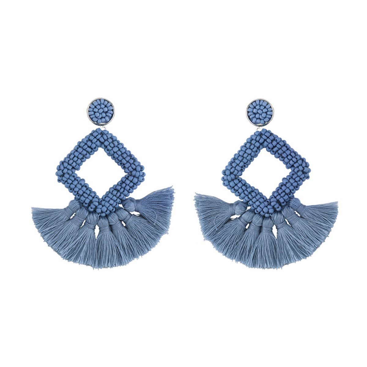 GEOMETRIC DIAMOND SHAPED RICE BEAD TASSEL EARRINGS