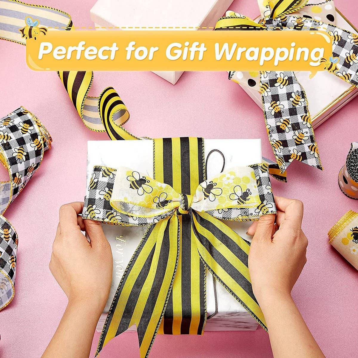 CWMM10225_BEE RIBBON SET 4 ROLLS PRINTED BURLAP DIY BOWS