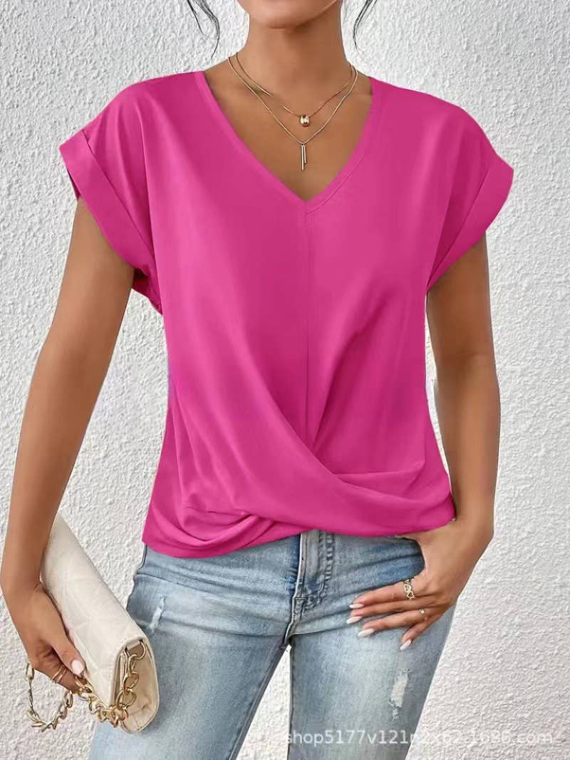 Elegant short-sleeved solid-color V-neck T-shirt