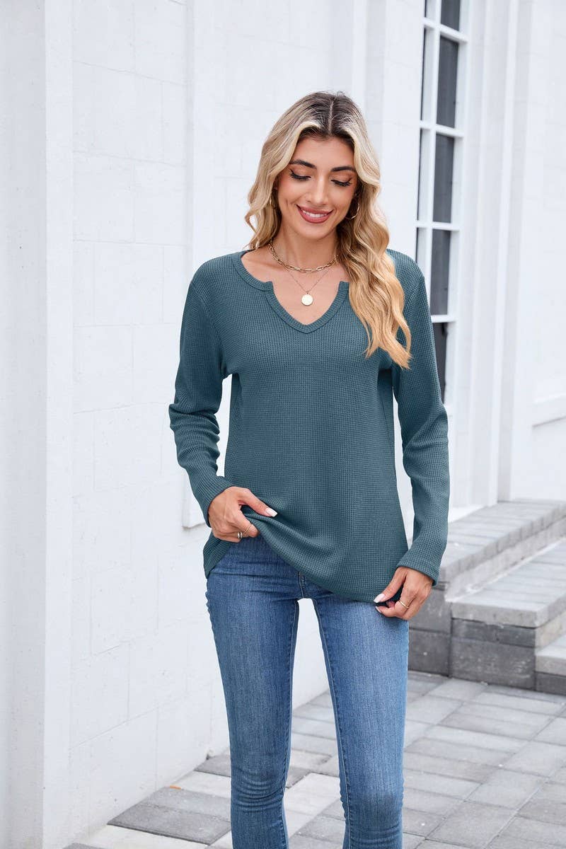 CWTBLL01294_V-NECK WAFFLE LONG-SLEEVED LOOSE T-SHIRT TOP