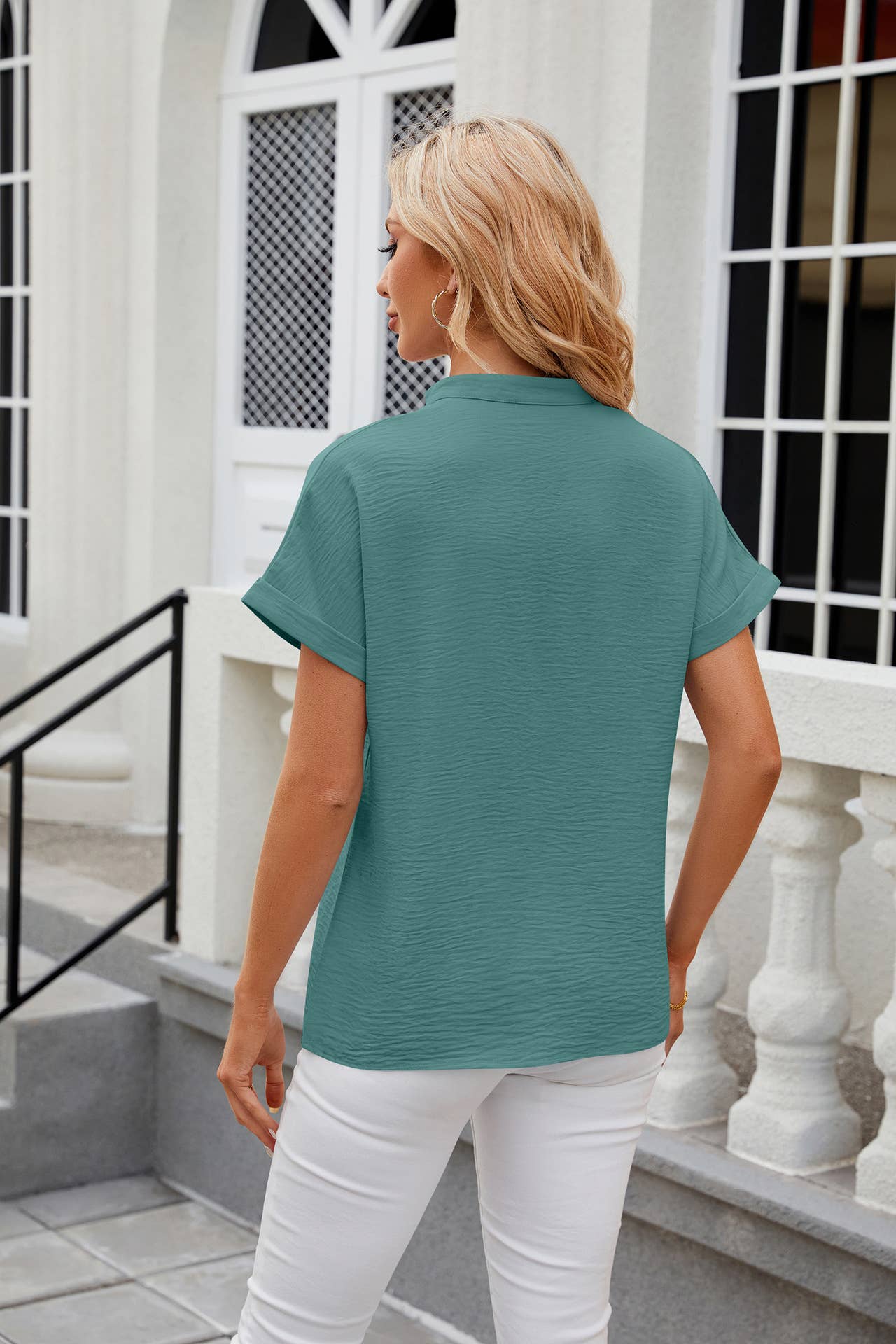 Chiffon V-neck solid color short-sleeved shirt