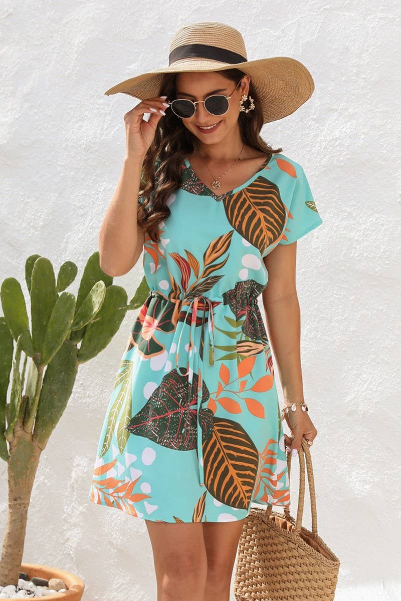 CWDSD4019_V-NECK FLORAL PRINT DRAWSTRING DRESS