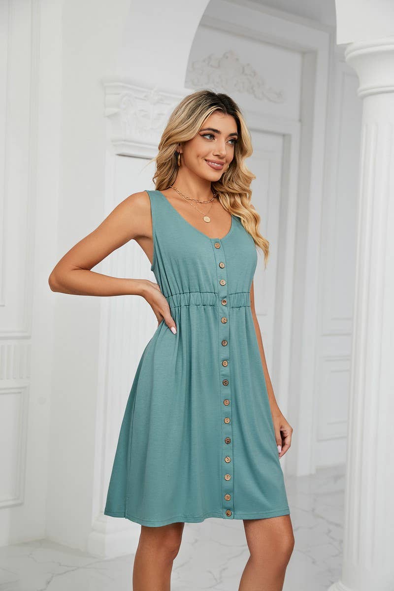 CWDSD3114_ROUND NECK SLEEVELESS BUTTON POCKET WAIST DRESS