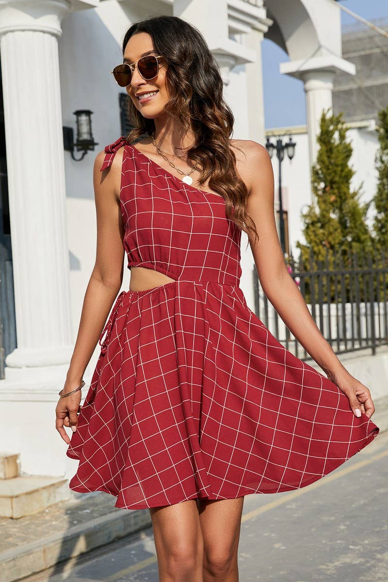CWDSD2707_One Shoulder Tied Tiered Detailed Plaid Dress