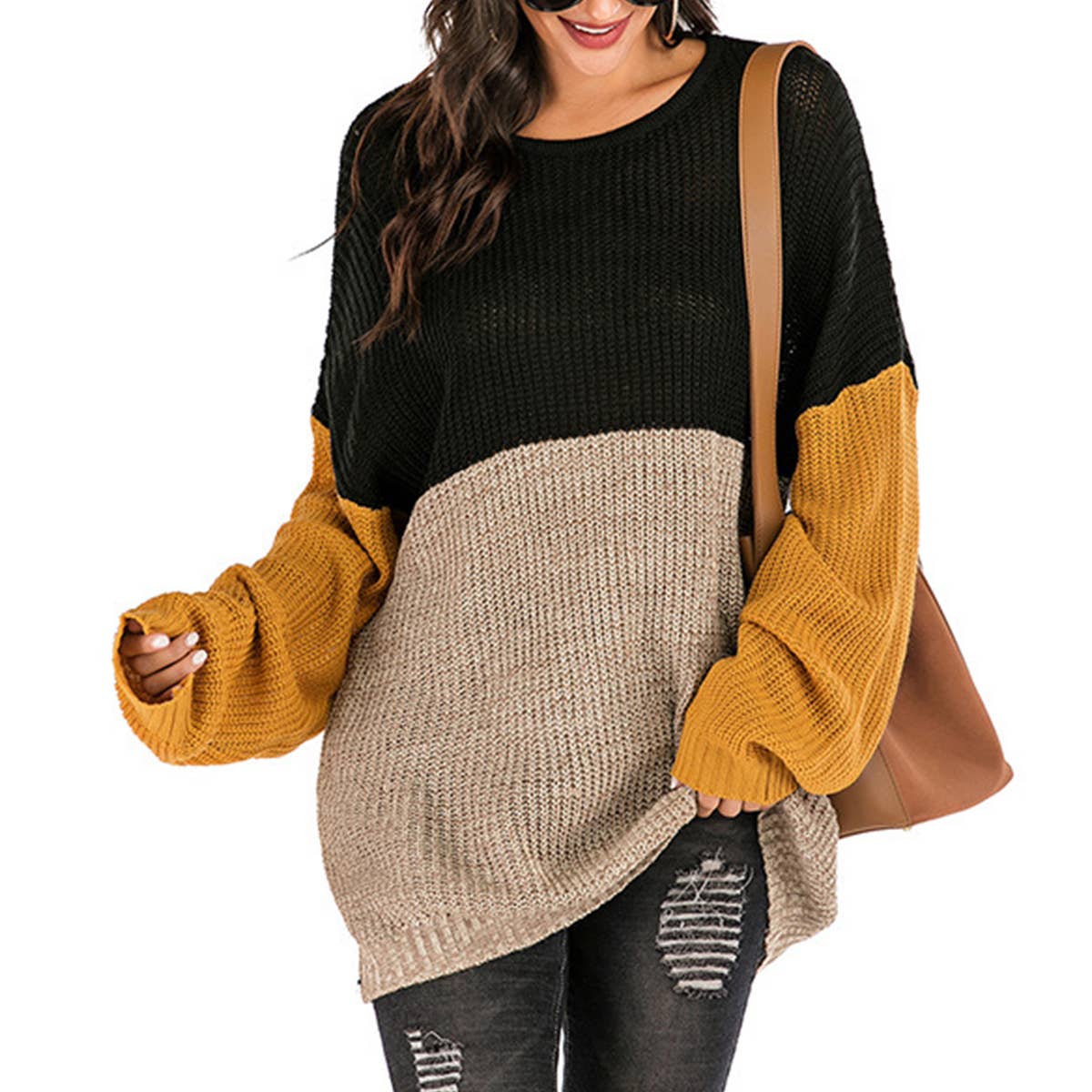 COLOR CONTRAST LOOSE SLIMMING CREW-NECK SWEATER