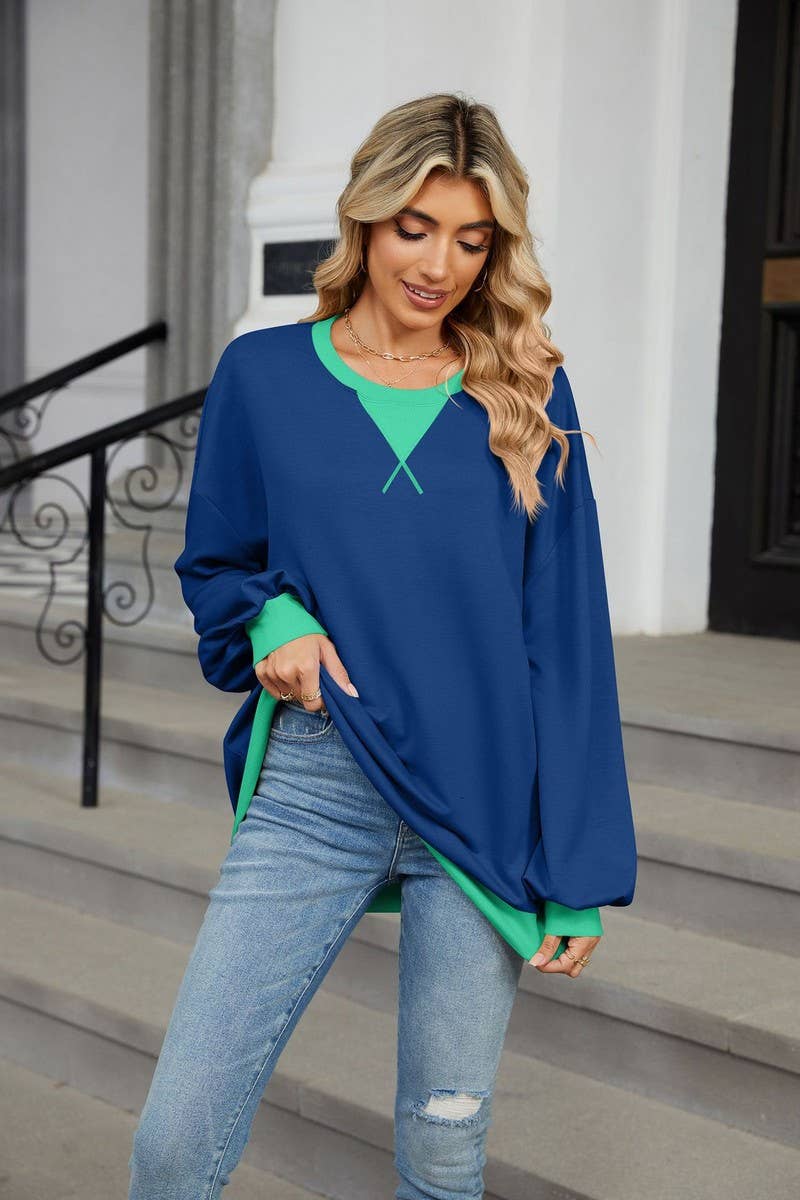 CWTBLL3743_AUTUMN AND WINTER CONTRAST COLOR LOOSE SWEATSHIRT