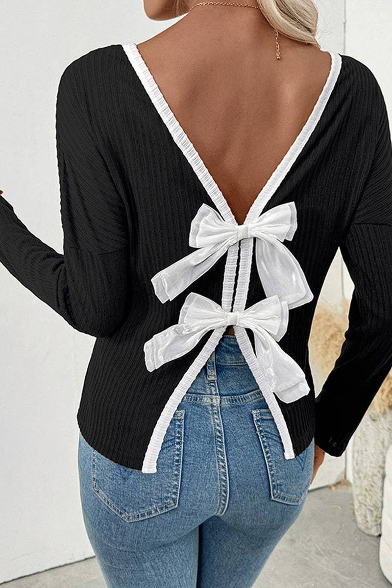 CWTBLL00748_SEXY OPEN-BACK BOW DESIGN LONG-SLEEVED T-SHIRT