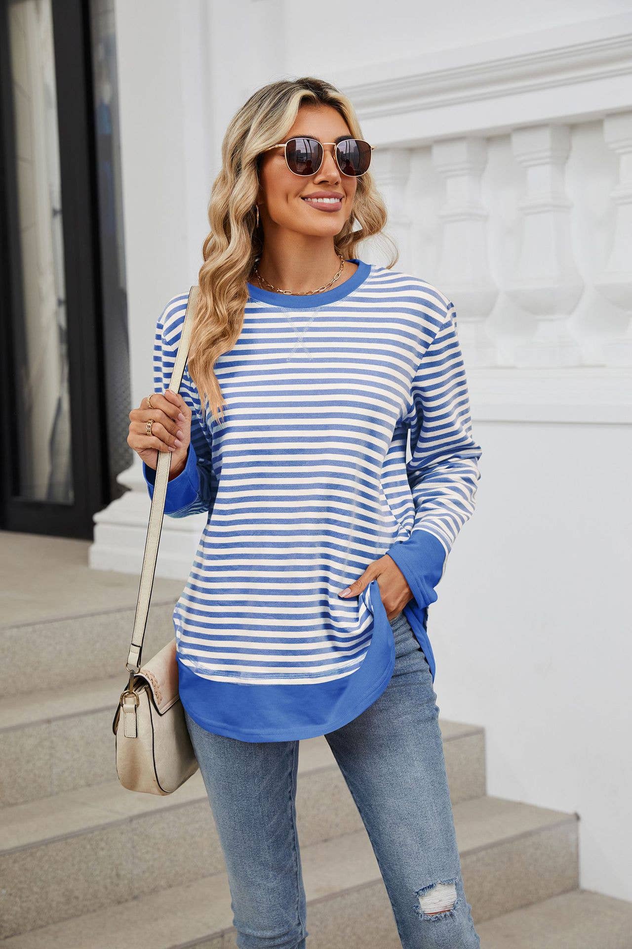 Crew-neck striped long-sleeved hoodie