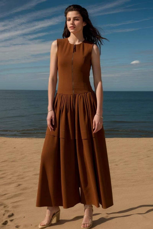 CWDMD6321_ZIP-FRONT HIGH WAIST TIERED SLEEVELESS DRESS