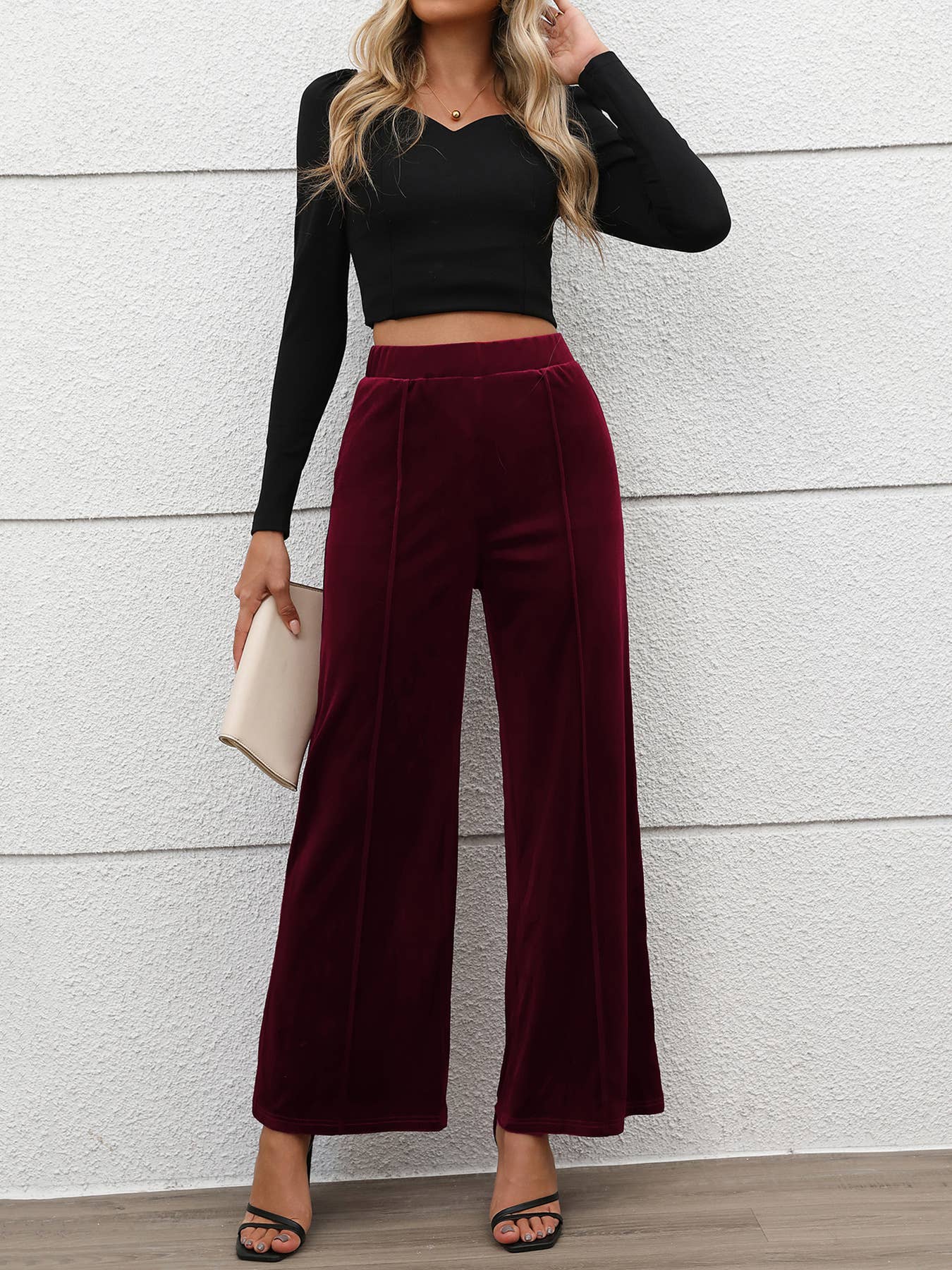 COMMUTER STYLE HIGH-WAISTED VELVET WIDE-LEG PANTS