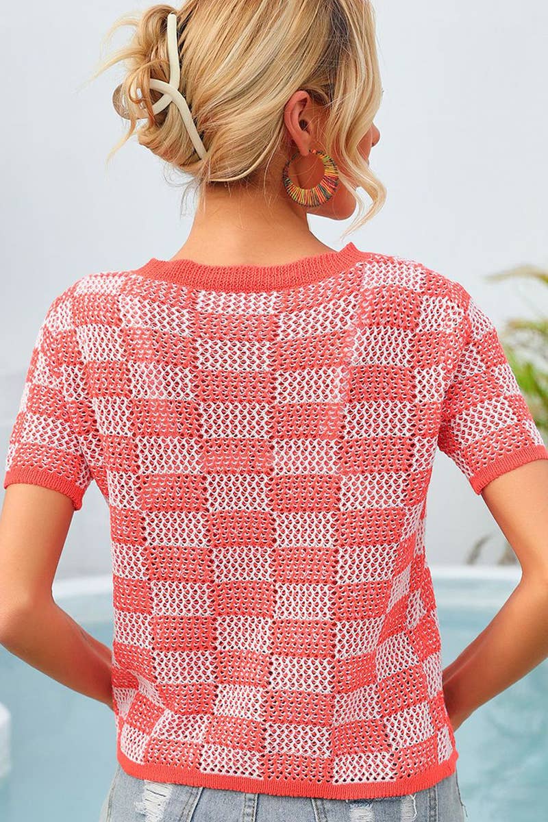 CWTBLS1750_SUMMER PLAID HOLIDAY CASUAL CREW NECK SHIRT