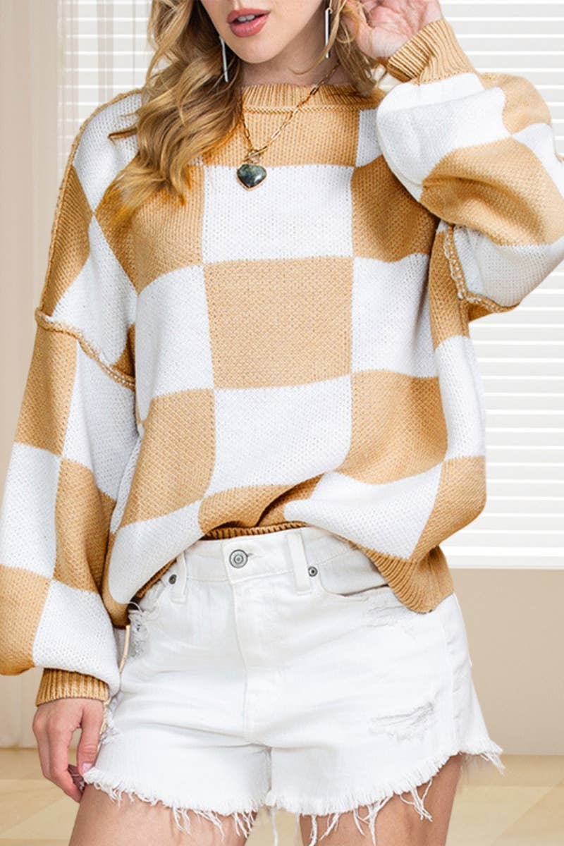 CWOSWL6673_PLAID COLOR CONTRAST LONG-SLEEVED SWEATER