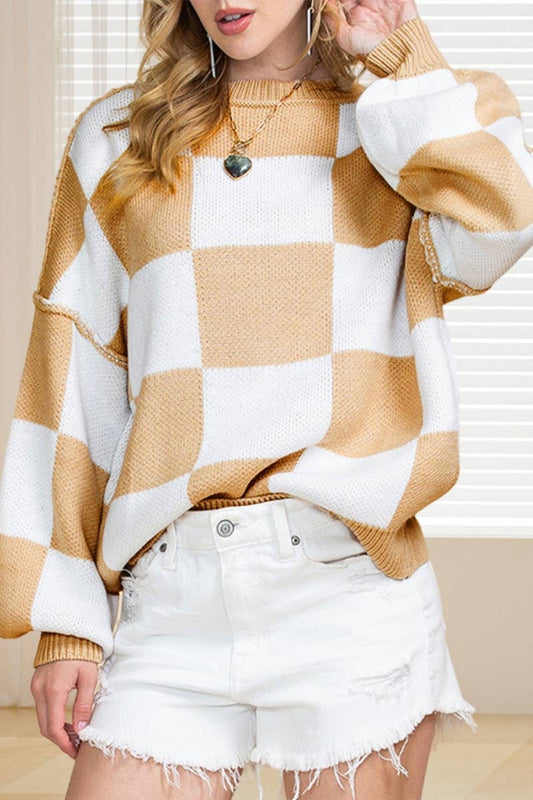 CWOSWL6673_PLAID COLOR CONTRAST LONG-SLEEVED SWEATER