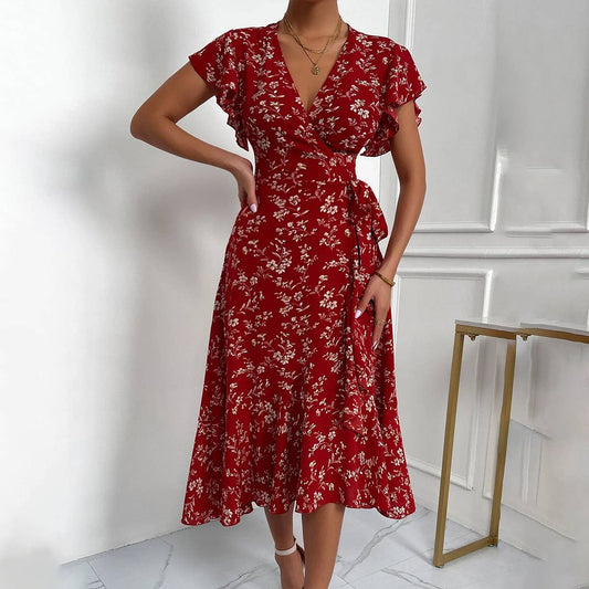 DEEP V LACE-UP WAIST PRINT LONG HOLIDAY DRESS