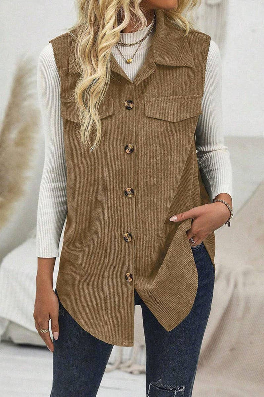 CWOV00128_SOLID COLOR CASUAL LAPEL CORDUROY VEST