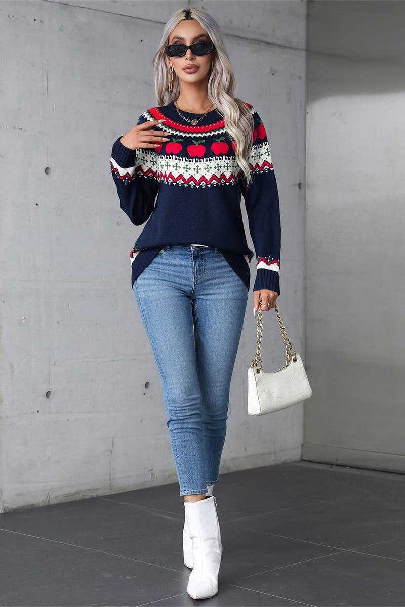 CWOSWL5759_JACQUARD CREW NECK CHRISTMAS KNITTED SWEATER