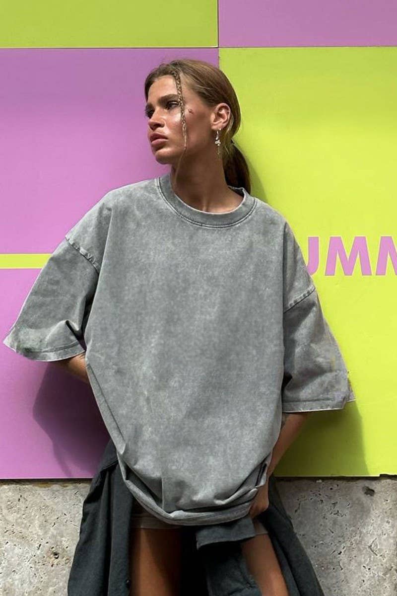 CWTTS1176_ROUND NECK WASHED DISTRESSED SHORT SLEEVE T-SHIRT