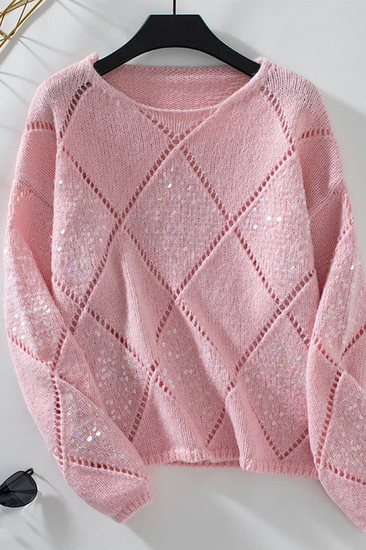 CWOSWL07062_HOLLOW SEQUIN KNIT DIAMOND PULLOVER SWEATER