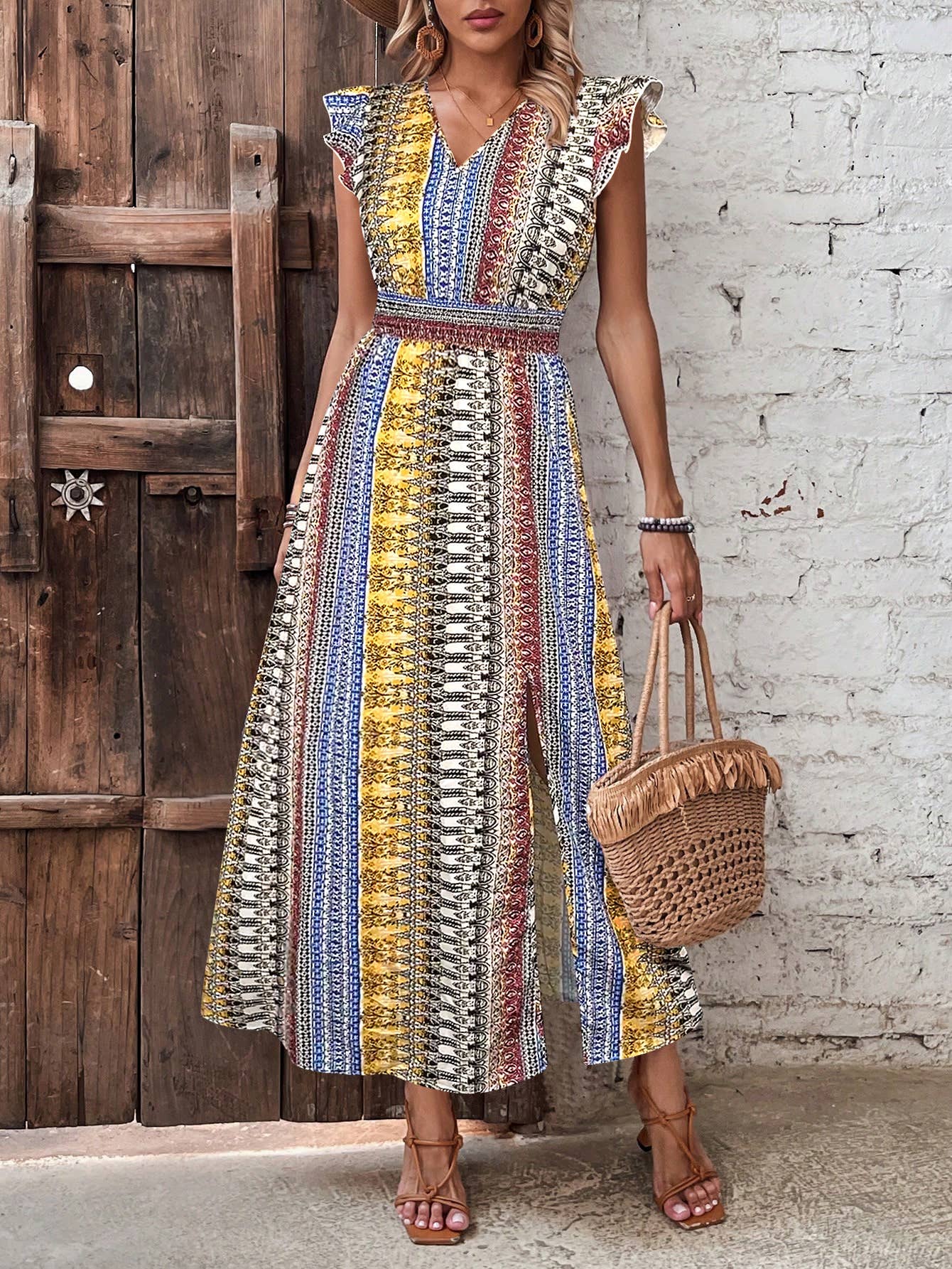 Bohemian knitted V-neck cinched waist slit dress