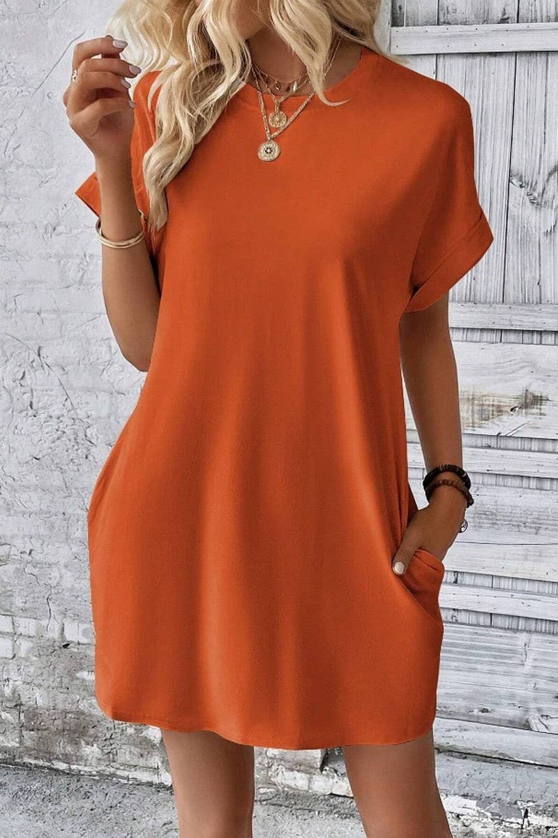 CWDSD3628_SOLID COLOR ROUND NECK LOOSE POCKET SHORT DRESS