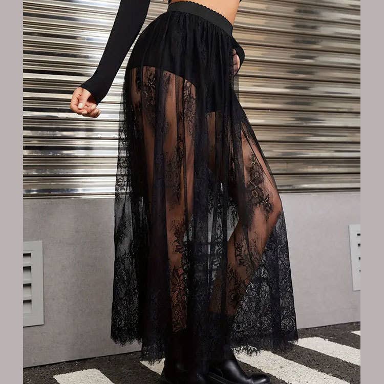 Dark Gothic lace see-through high-waisted skirt
