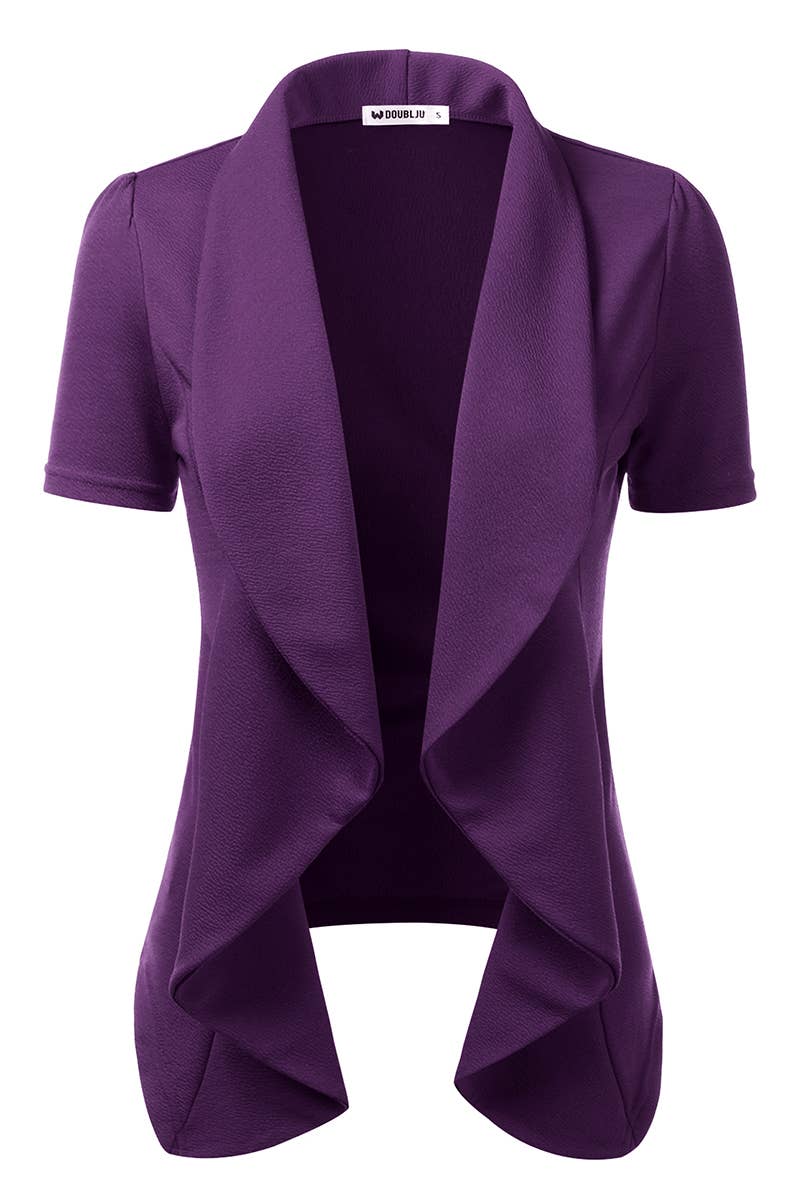 CWOBL095_Short Sleeve Open Front Draped Ruffles Blouses