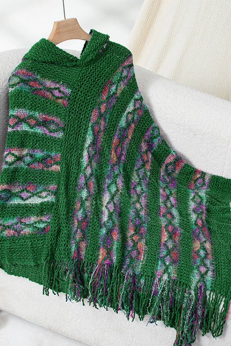 CWOSWS0091_STRIPED HOODED KNITTED FRINGED CAPE SHAWL
