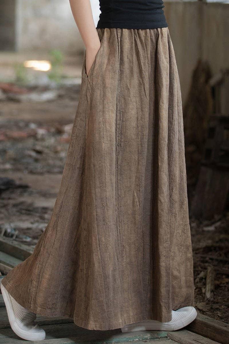 CWBLS0307_COTTON AND LINEN ELASTIC WAIST LONG LOOSE SKIRT