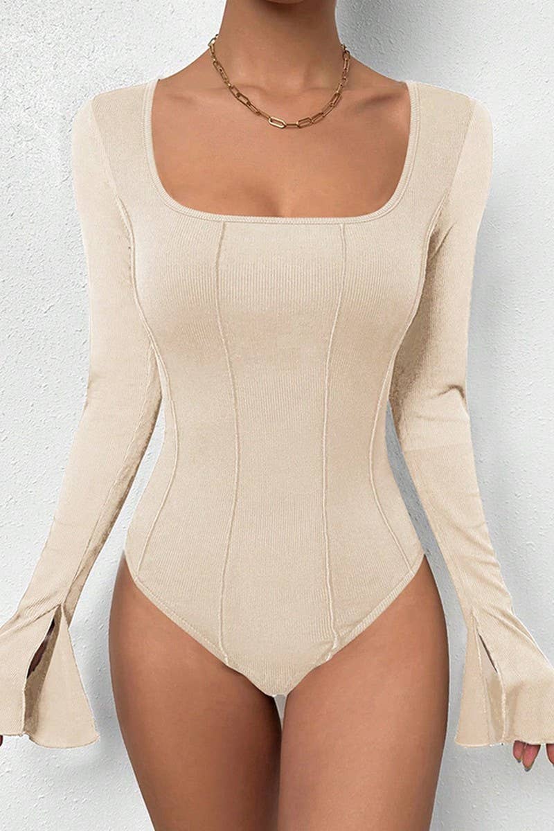 CWSBSL0096_SQUARE NECK TRUMPET SLEEVE OPEN BACK BODYSUIT