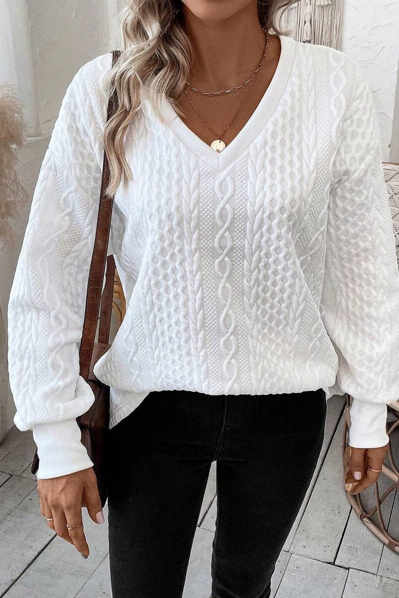 CWOSWS00160_V-NECK SOLID COLOR KNITTED LONG-SLEEVED TOP