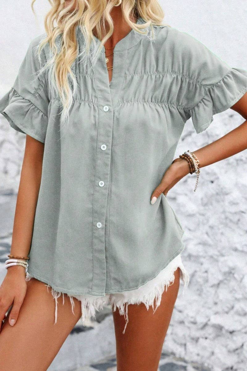 CWTSTS0679_SOLID COLOR STAND COLLAR CASUAL SHORT SLEEVE SHIR