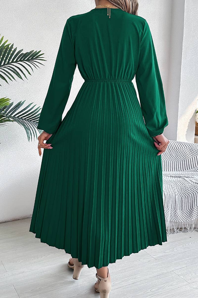 CWDMD3462_V-NECK LONG SLEEVE WAIST PLEATED DRESS LONG STYLE