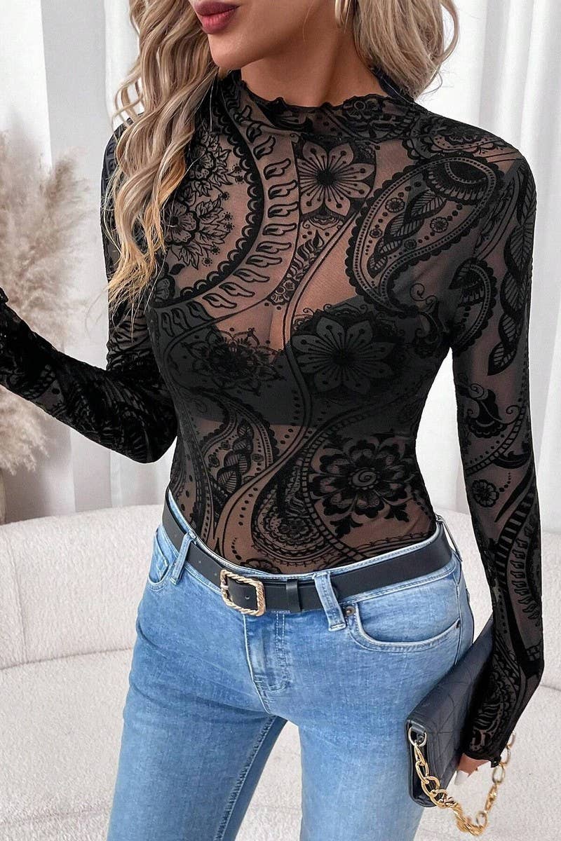 CWTBLL3927_FLOCKED PRINTED MESH RUFFLED LONG SLEEVE TOP