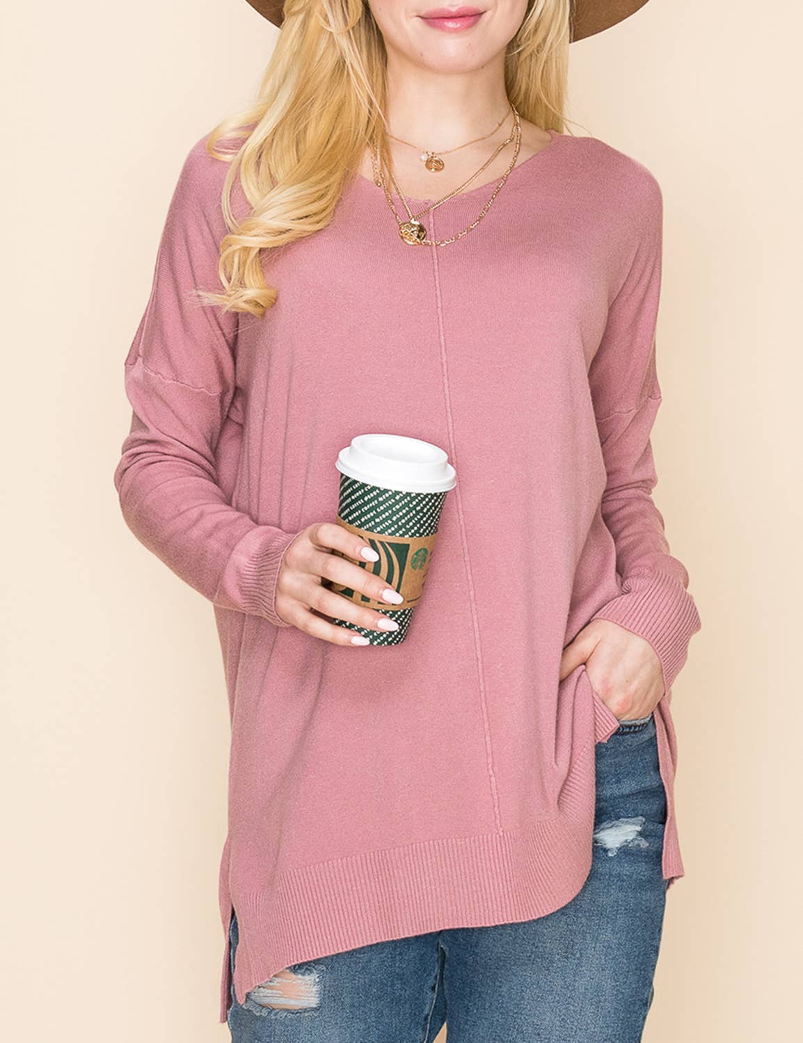 CWOSWL1826_V NECK LOOSE FIT TUNIC LENGTH SOFT SWEATER TOP