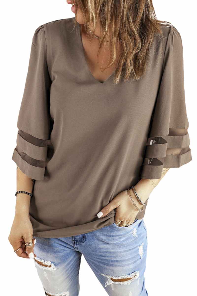 CWTBLS1323_MESH SEE-THROUGH SEVEN-QUARTER SLEEVE TOP