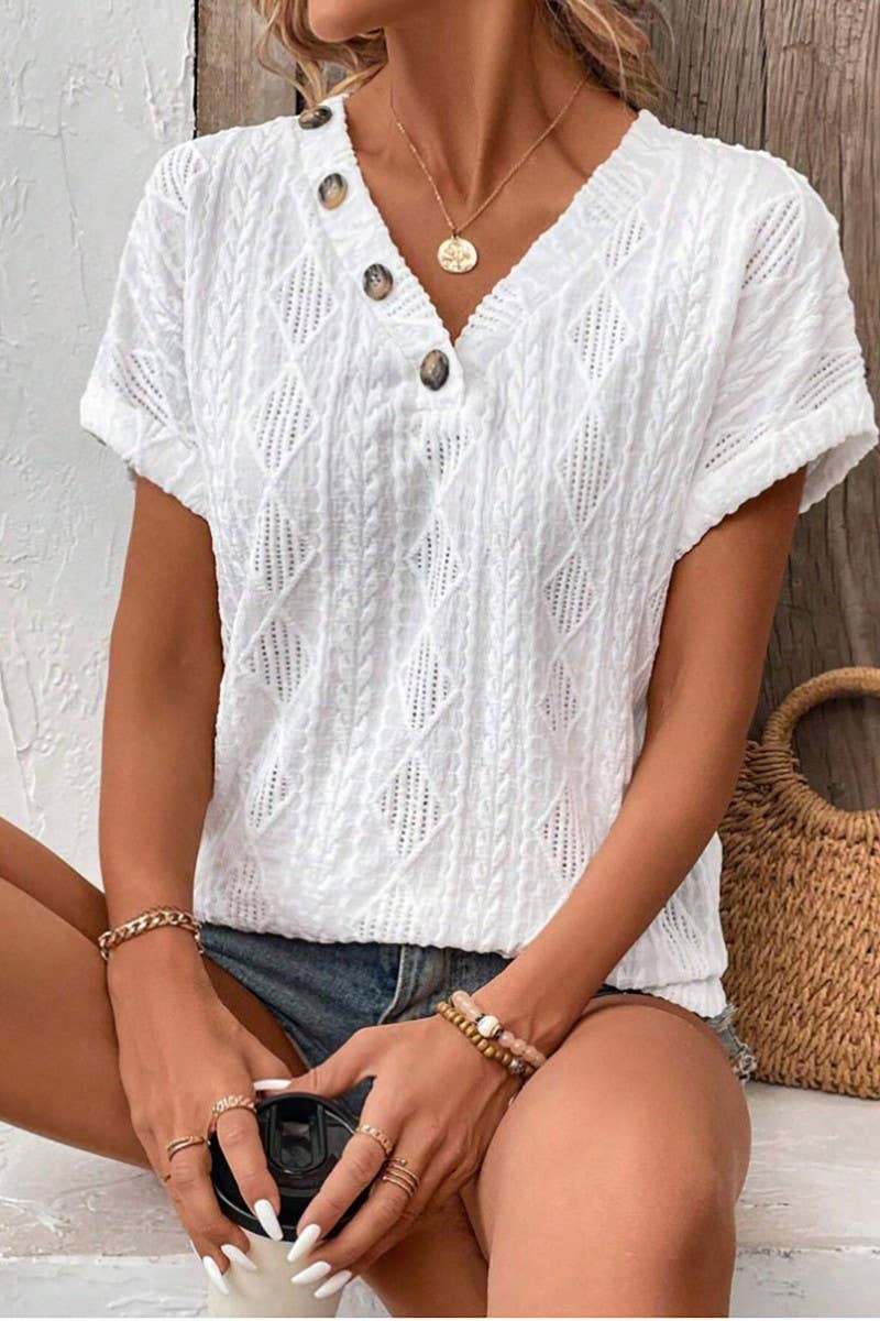 CWTBLS1794_V-NECK BUTTON-DOWN SHORT-SLEEVED TOP T-SHIRT