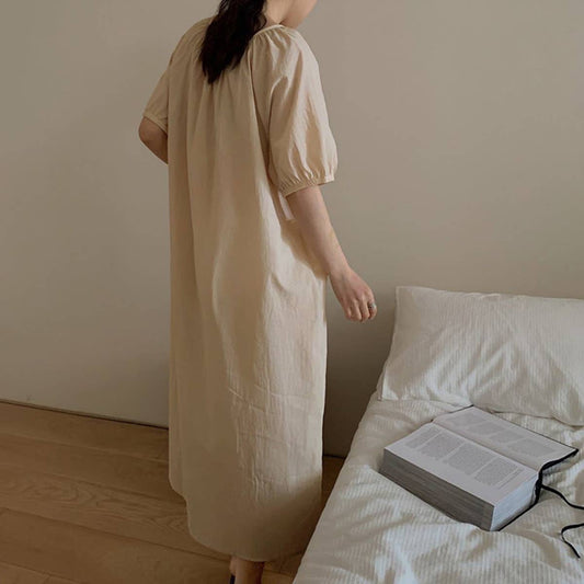 COTTON LACE DESIGN PUFFY SLEEVE DRESS