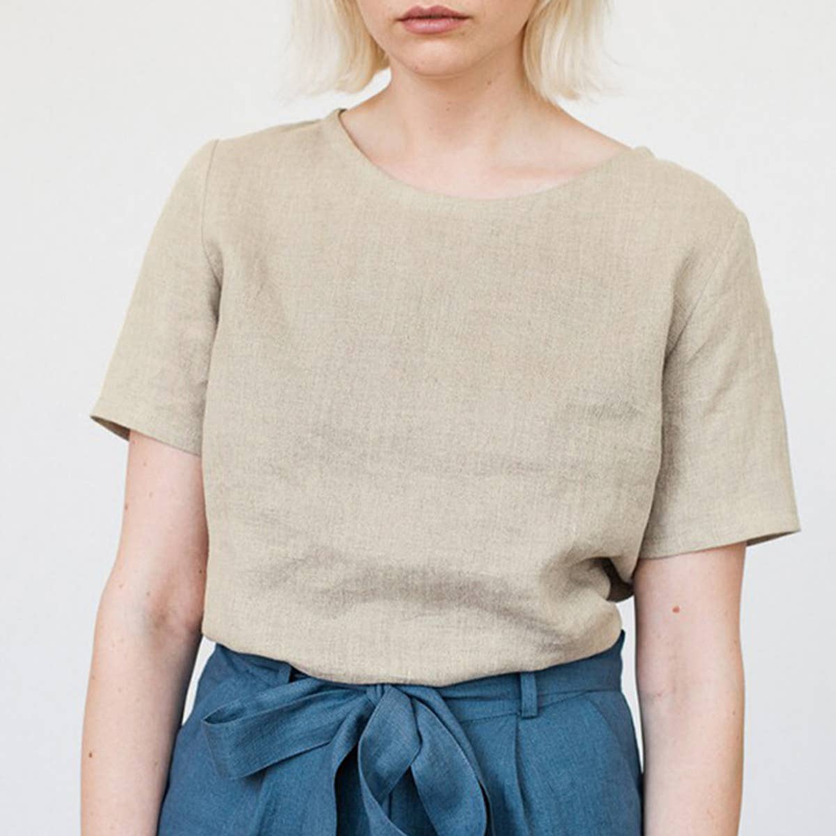 CREW-NECK CASUAL COTTON LINEN BLOUSE