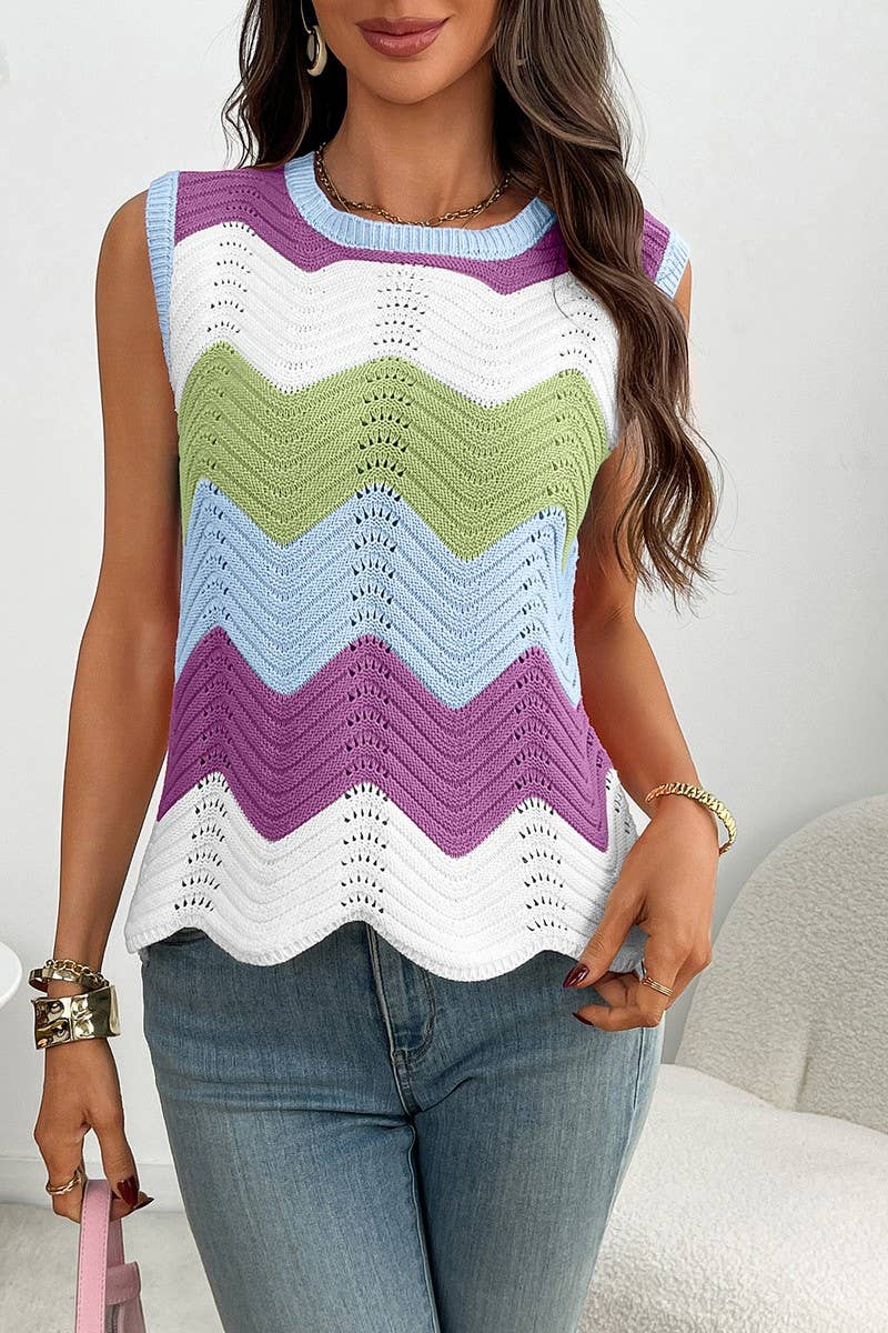 CWOCASL0060_DOPAMINE COLORBLOCK KNIT CREW NECK TANK TOP