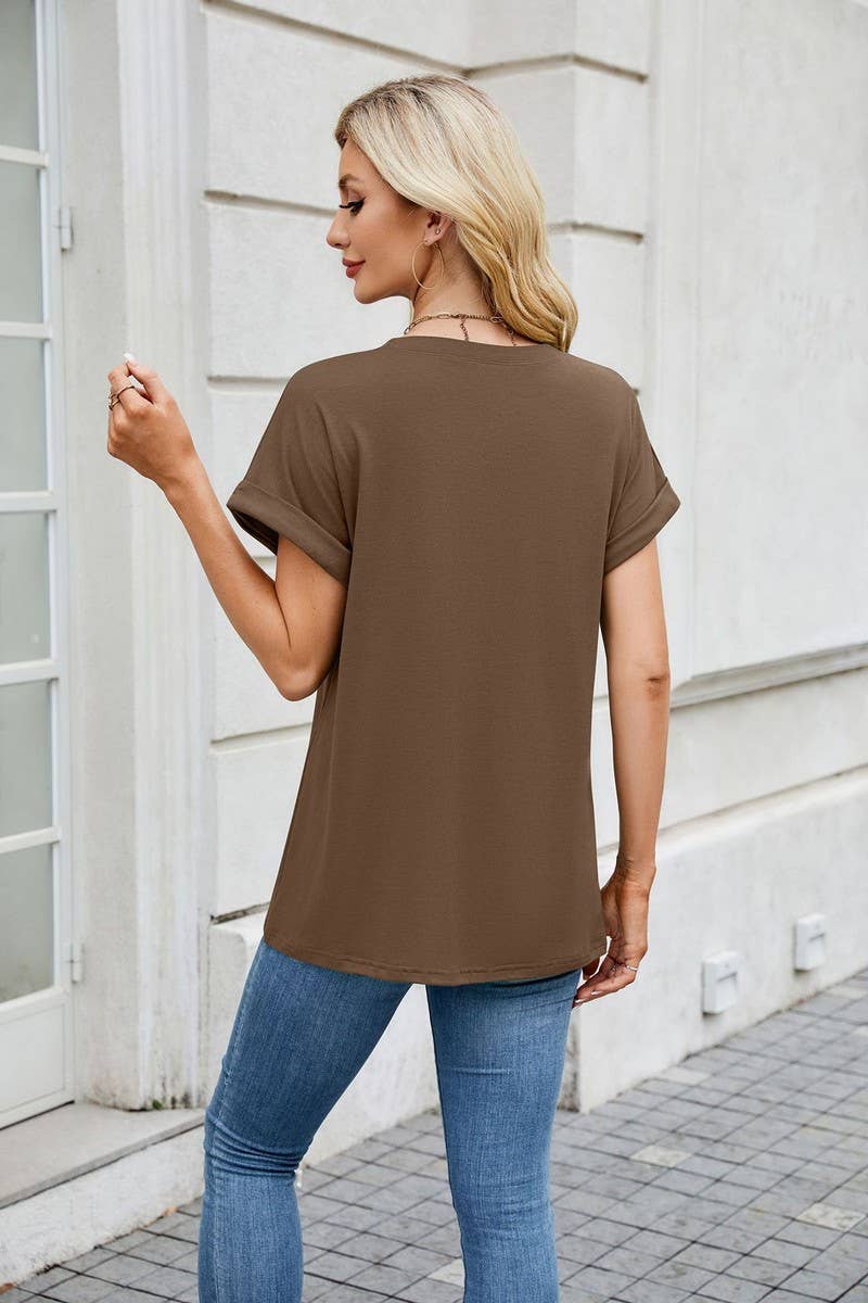 CWTBLS1728_SOLID COLOR ROUND NECK T-SHIRT SHORT SLEEVE TOP