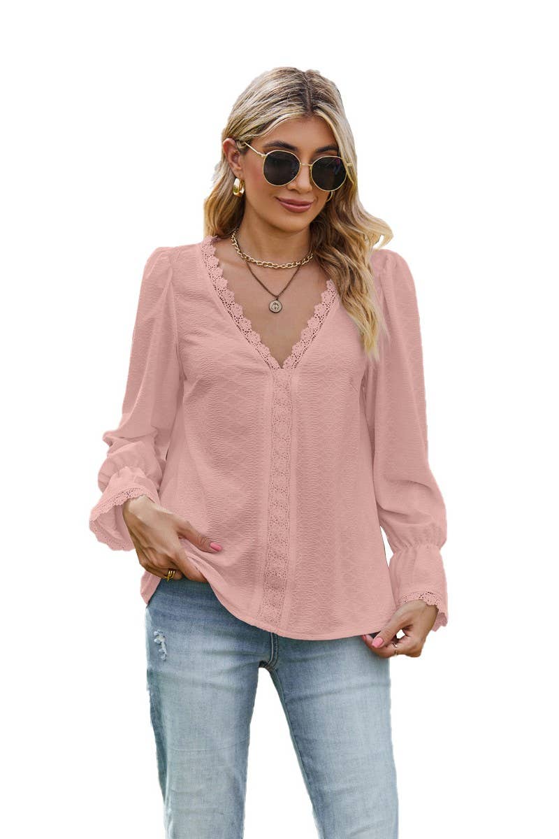 CWTBLL3685_PULLOVER V-NECK LACE LONG-SLEEVED T-SHIRT