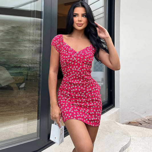 Floral V-neck Slim Fit Bodycon Mini Dress