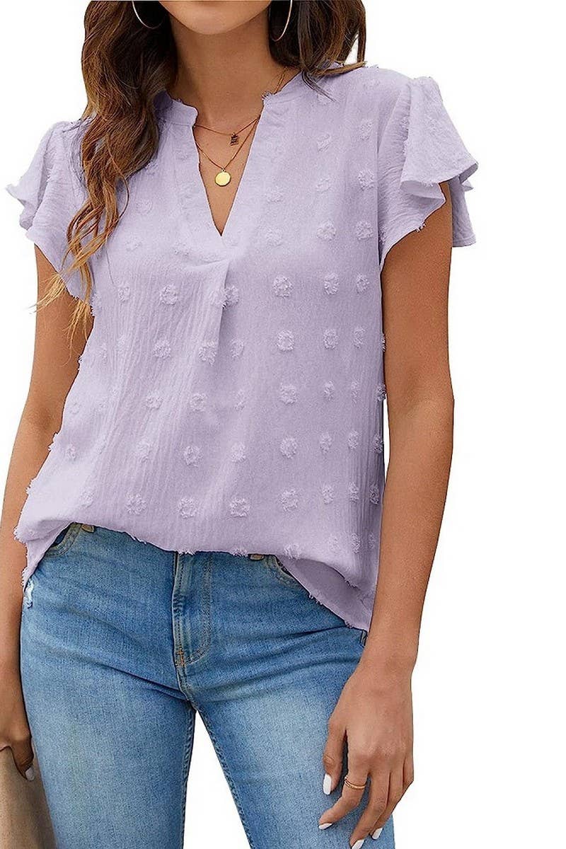 CWTBLS0606_V-NECK RUFFLED SLEEVE CHIFFON SHORT-SLEEVED TOP