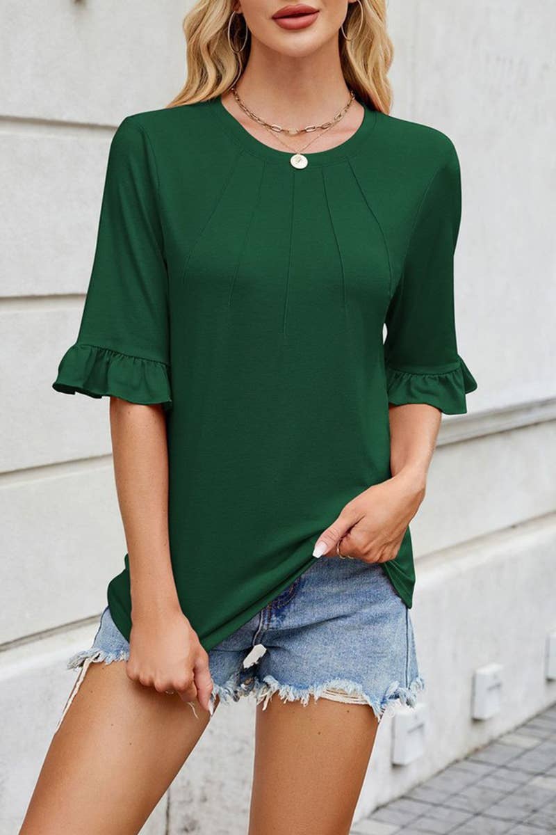 CWTTS1329_SUMMER NEW ROUND NECK LOTUS LEAF SLEEVES T-SHIRT